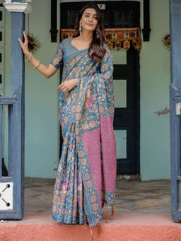 ALMAARI FASHION - Ethnic Handloom Saree with Colorful Floral Print & Unstitched Blouse