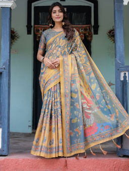ALMAARI FASHION - Blend Handloom Saree with Floral Motif and Tassel Border & Unstitched Blouse
