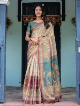 ALMAARI FASHION - Soft Handloom Floral Saree with Tassels & Unstitched Blouse