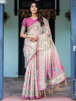 ALMAARI FASHION - Handloom Saree with Artistic Floral Print and Tassels & Unstitched Blouse