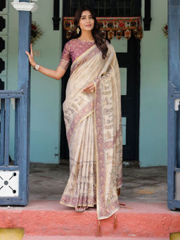 ALMAARI FASHION - Designer Floral Print Handloom Saree with Tassel Pallu & Unstitched Blouse