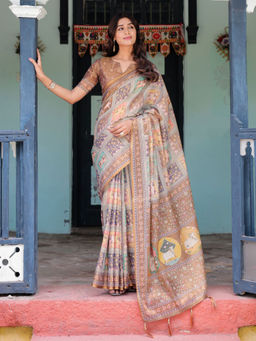 ALMAARI FASHION - Pastel Floral Handloom Saree with Pallu Tassels & Unstitched Blouse