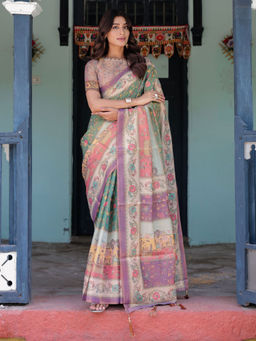 ALMAARI FASHION - Ethnic Handloom Saree with Colorful Floral Print & Unstitched Blouse