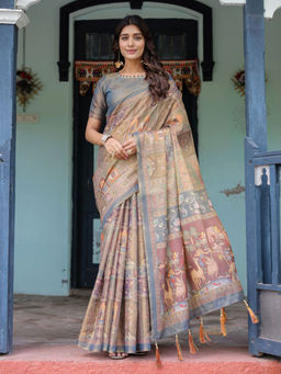 ALMAARI FASHION - Blend Handloom Saree with Floral Motif and Tassel Border & Unstitched Blouse