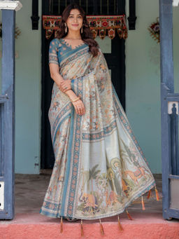 ALMAARI FASHION - Premium Floral Print Handloom Saree with Pallu Tassels & Unstitched Blouse