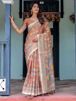 ALMAARI FASHION - Printed Handloom Saree for Women with Floral Design and Tassels & Unstitched Blouse