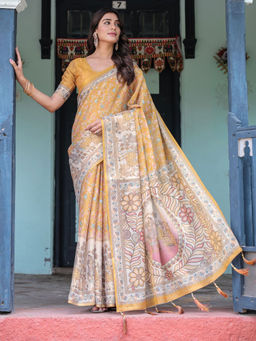 ALMAARI FASHION - Soft Handloom Saree with Floral Print and Tassel Edges & Unstitched Blouse