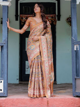 ALMAARI FASHION - Festive Ready Handloom Saree with Floral Artwork & Unstitched Blouse