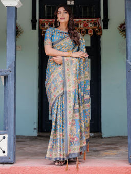 ALMAARI FASHION - Handloom Floral Printed Saree with Tassels & Unstitched Blouse