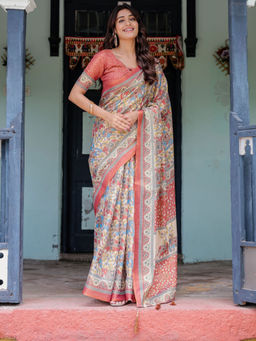 ALMAARI FASHION - Elegant Handloom Saree with Floral Print and Tassel Edges & Unstitched Blouse