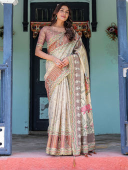 ALMAARI FASHION - Pure Handloom Saree with Floral Print and Designer Tassels & Unstitched Blouse