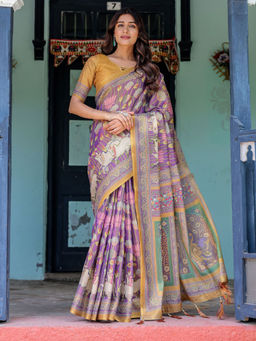 ALMAARI FASHION - Floral Printed Saree In Handloom Weave & Unstitched Blouse