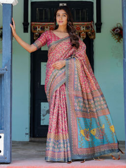 ALMAARI FASHION - Traditional Handloom Floral Saree with Tassel Detailing & Unstitched Blouse