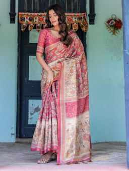 ALMAARI FASHION - Printed Floral Handloom Saree with Stylish Tassel Finish & Unstitched Blouse