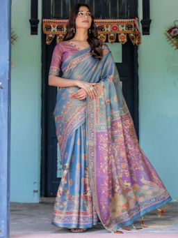 ALMAARI FASHION - Handloom Saree with Artistic Floral Print and Tassels & Unstitched Blouse