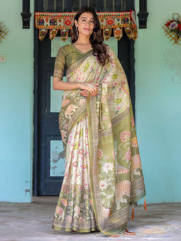 ALMAARI FASHION - Handloom Saree with Digital Floral Print and Tassels & Unstitched Blouse
