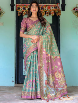 ALMAARI FASHION - Pastel Floral Handloom Saree with Pallu Tassels & Unstitched Blouse