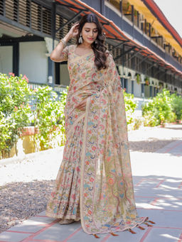 ALMAARI FASHION - Blend Handloom Saree with Floral Motif and Tassel Border & Unstitched Blouse