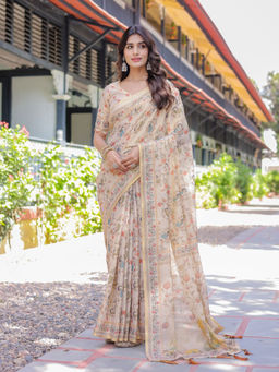 ALMAARI FASHION - Premium Floral Print Handloom Saree with Pallu Tassels & Unstitched Blouse