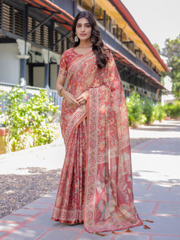 ALMAARI FASHION - Printed Handloom Saree for Women with Floral Design and Tassels & Unstitched Blouse