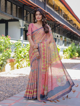 ALMAARI FASHION - Soft Handloom Saree with Floral Print and Tassel Edges & Unstitched Blouse