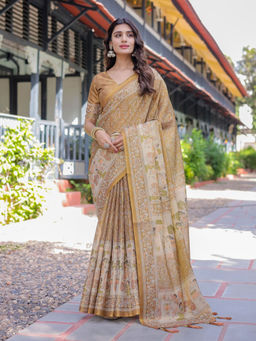 ALMAARI FASHION - Stylish Handloom Saree with Floral Digital Print and Tassels & Unstitched Blouse