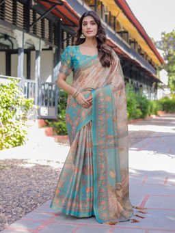 ALMAARI FASHION - Festive Ready Handloom Saree with Floral Artwork & Unstitched Blouse