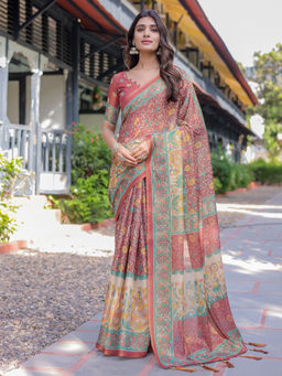 ALMAARI FASHION - Elegant Handloom Saree with Floral Print and Tassel Edges & Unstitched Blouse
