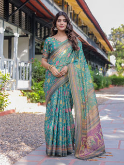 ALMAARI FASHION - Pure Handloom Saree with Floral Print and Designer Tassels & Unstitched Blouse