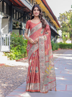 ALMAARI FASHION - Floral Printed Saree In Handloom Weave & Unstitched Blouse