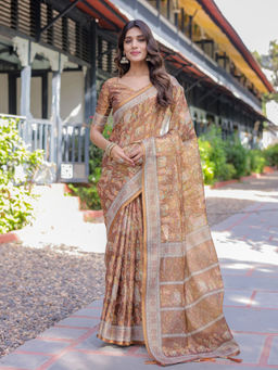 ALMAARI FASHION - Traditional Handloom Floral Saree with Tassel Detailing & Unstitched Blouse