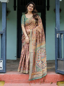 ALMAARI FASHION - Printed Floral Handloom Saree with Stylish Tassel Finish & Unstitched Blouse