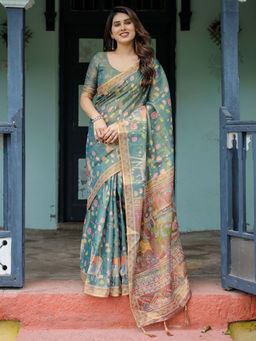 ALMAARI FASHION - Handloom Saree with Artistic Floral Print and Tassels & Unstitched Blouse