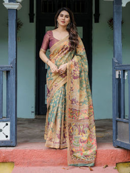ALMAARI FASHION - Designer Floral Print Handloom Saree with Tassel Pallu & Unstitched Blouse