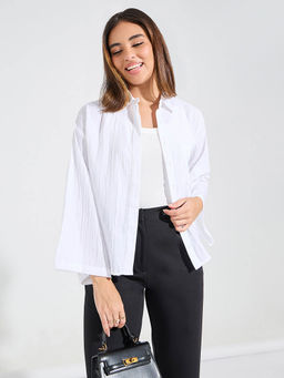 Styli Elevate - Women White Regular Fit Textured Drop Shoulder Long Length Shirt