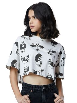 The Souled Store - Kung Fu Panda Pattern White Women Oversize Cropped Tshirt