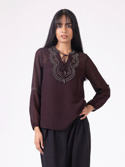 SHAYE - Brown Band Collar Full Sleeves Casual Top with Cami