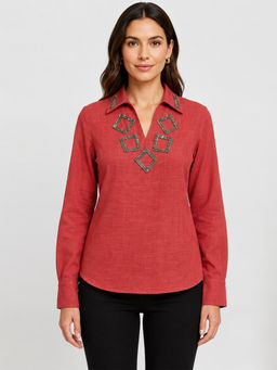 SHAYE - Coral Spread Collar Embroidered Full Sleeves Casual Top