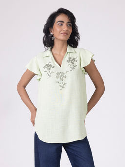 SHAYE - Green Spread Collar Embroidered Short Sleeves Casual Top