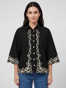 R&B - Women Black Ethnic Motifs Print Collar Neck Printed Shirt