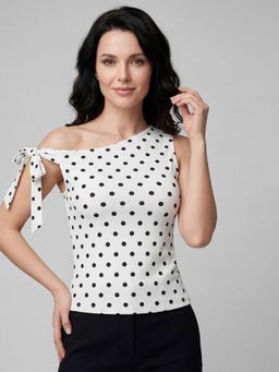 R&B - Women White Polka Dots Print One Shoulder Sleeveless Top