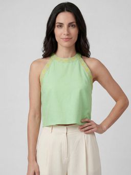 R&B - Women Green Ethnic Motifs Print Halter Neck Sleeveless Top