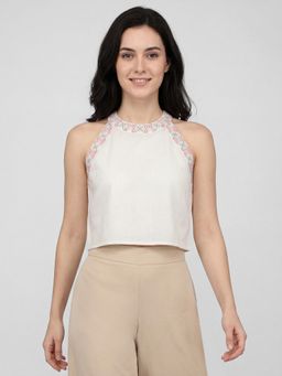 R&B - Women Off White Ethnic Motifs Print Halter Neck Sleeveless Top