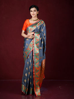 EXCLUSIVA - Grey Zari Woven Work Banarasi Saree with Unstitched Blouse