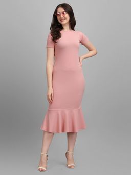 PURVAJA - Peach Solid Bodycon Midi Dress