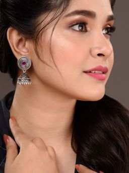 Saraf RS Jewellery - Oxidised Silver Plated Purple Stone Studded Jhumka Earrings