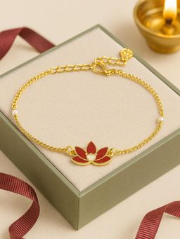 Estele - Adjustable Graceful Gold Finish Red Lotus Chain Anklet with Pearls