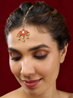 Estele - Graceful Gold Finish Red Lotus Bridal Maangtikka with Pearls