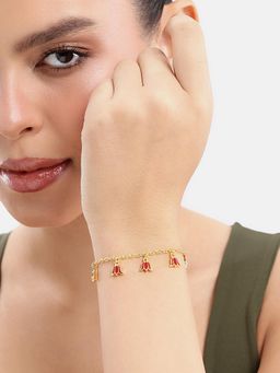 Estele - Adjustable Sophisticated Gold Finish Red Lotus Drop Charm Bracelet