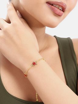 Estele - Adjustable Graceful Gold Finish Red Lotus Triple Charm Chain Bracelet